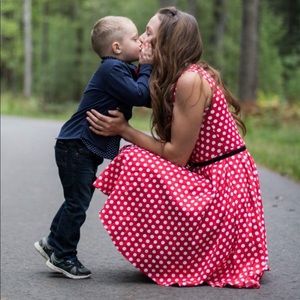 Red polkadotted dress.